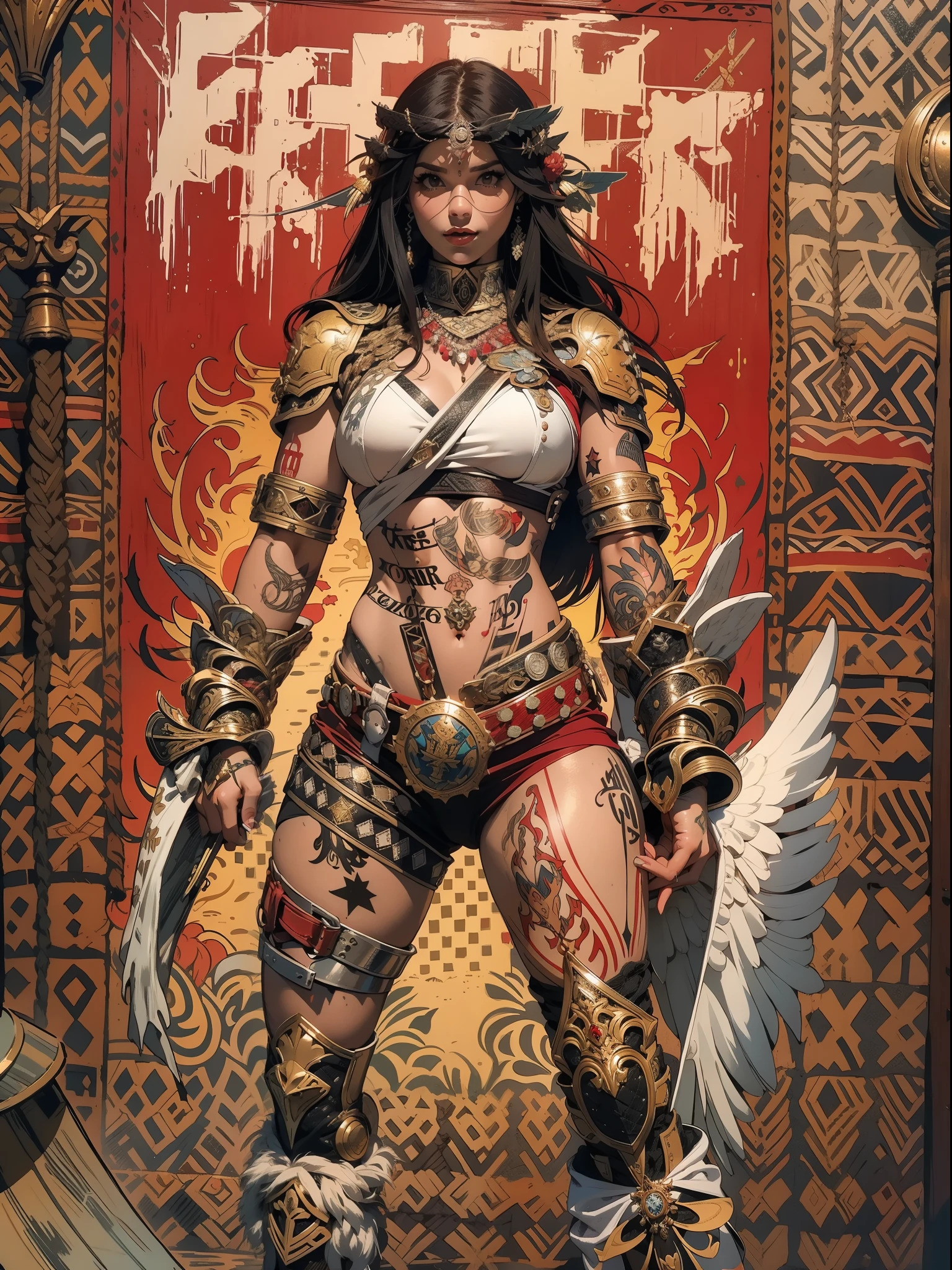 (((femme))), (((meilleure qualité))), (((travail brut))), (((adulte))), Uma guerreira femme de 35 anos com corpo perfeito, Gladiateurs de Brooklyn, (( sous  )), presque nue dans le style urbain sauvage de Simon Bisley pour la couverture du magazine Heavy Metal, cheveux blonds, Vêtements minimum, motif à carreaux rouge et blanc, Armure, plein de pointes et de rivets, tatouage tribal, (((du genou vers le haut))), cheveux ébouriffés