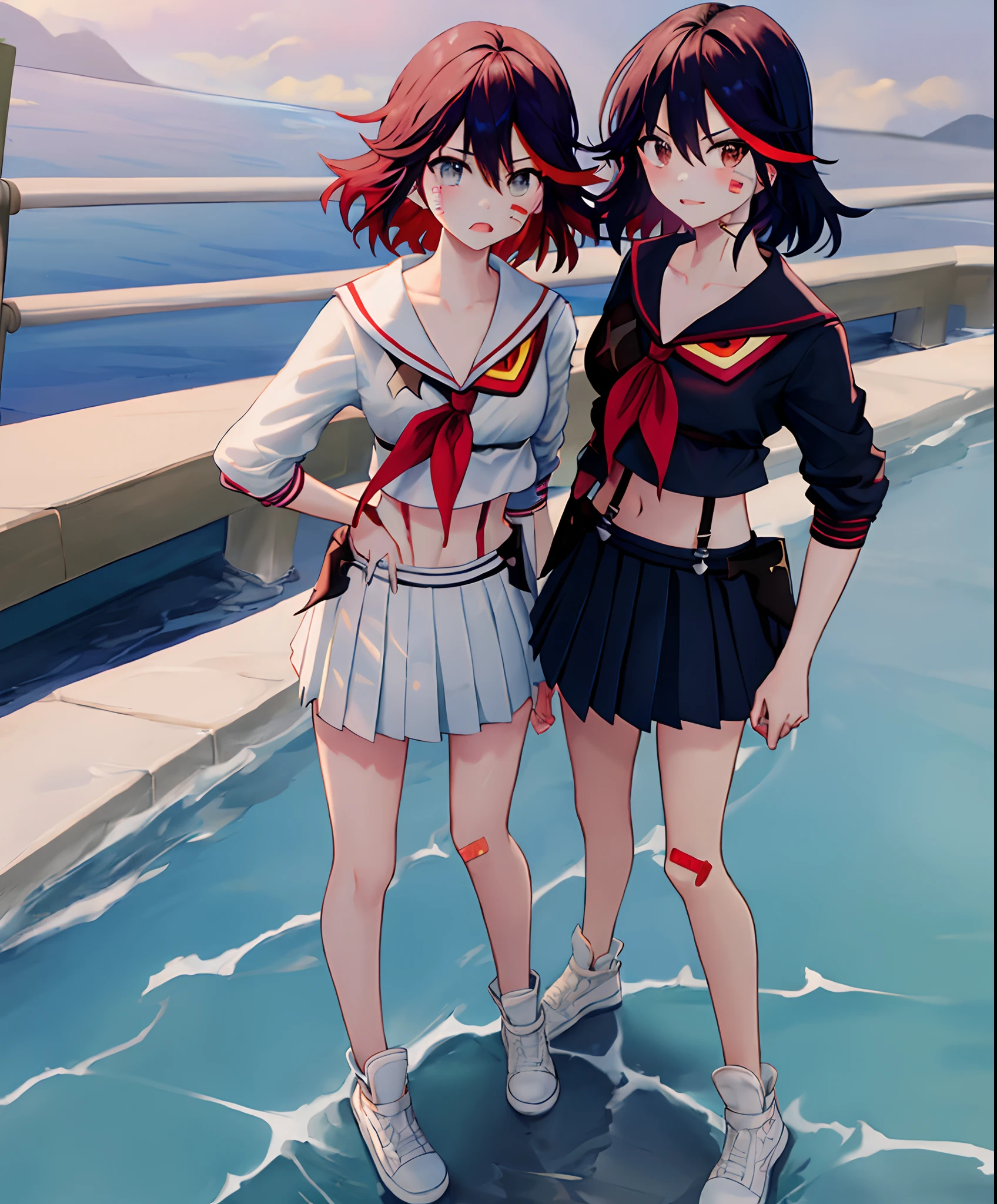 masterpiece, best quality, ultra-detailed, illustration,bandaid,matoi_ryuuko:1.3, bandaid_on_face,2girls,black_hair,injury,bandaid_on_leg,bandages,bandaid_on_nose,suspenders,multicolored_hair,bruise,skirt,bandage_on_face,short_hair,red_hair,serafuku,streaked_hair,midriff,bandaid_on_knee,senketsu, duo, pleated_skirt,full body, hand on hip,sun set:2,ocean:2,depth of field, cloudy sky, view at the back, Kamakura,handrail, water reflection, twins, red hair for one twin, twin pose