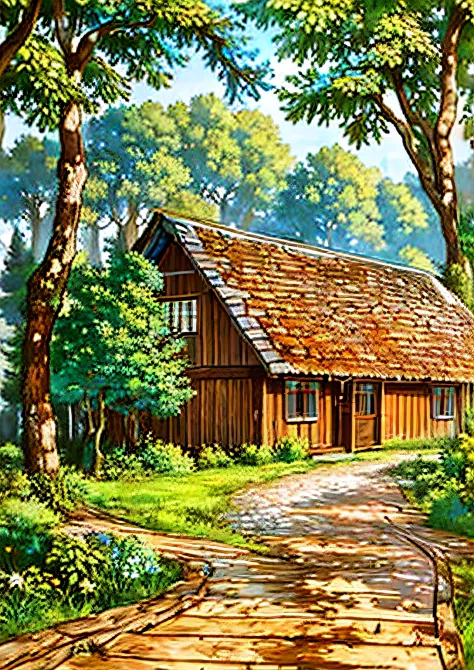 painting of a house in a field with a wooden path, house in the wood, cottage in the woods, cottage in the forest, idyllic cotta...