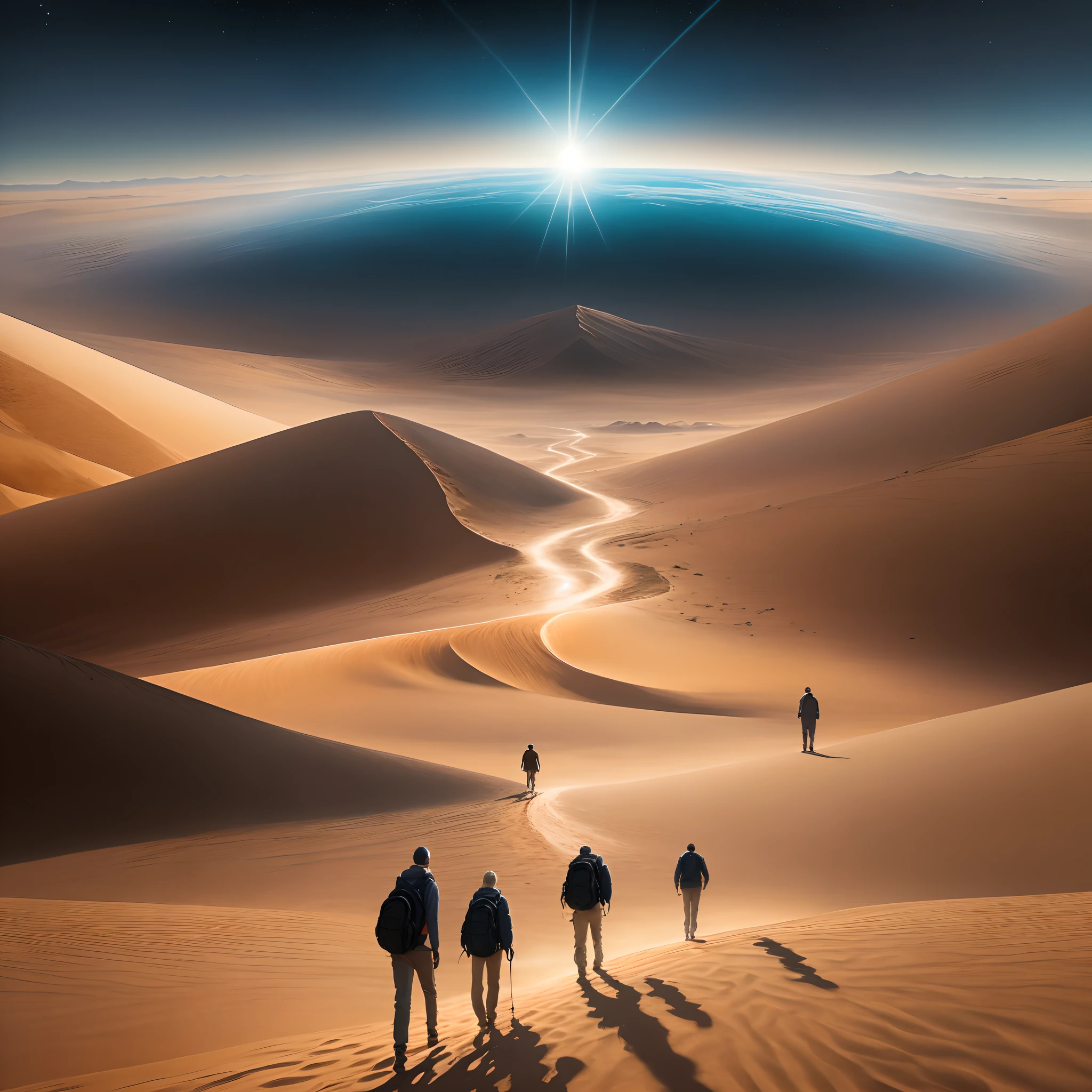 pintura a óleo surreal de um deserto com cinco pessoas caminhando em direção a um flare fotográfico com 3 estrelas no céu