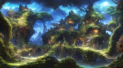 pintura de uma aldeia de fantasia com uma cachoeira e uma cachoeira, Cidade da fantasia de Medeival, fantasia altamente detalhad...