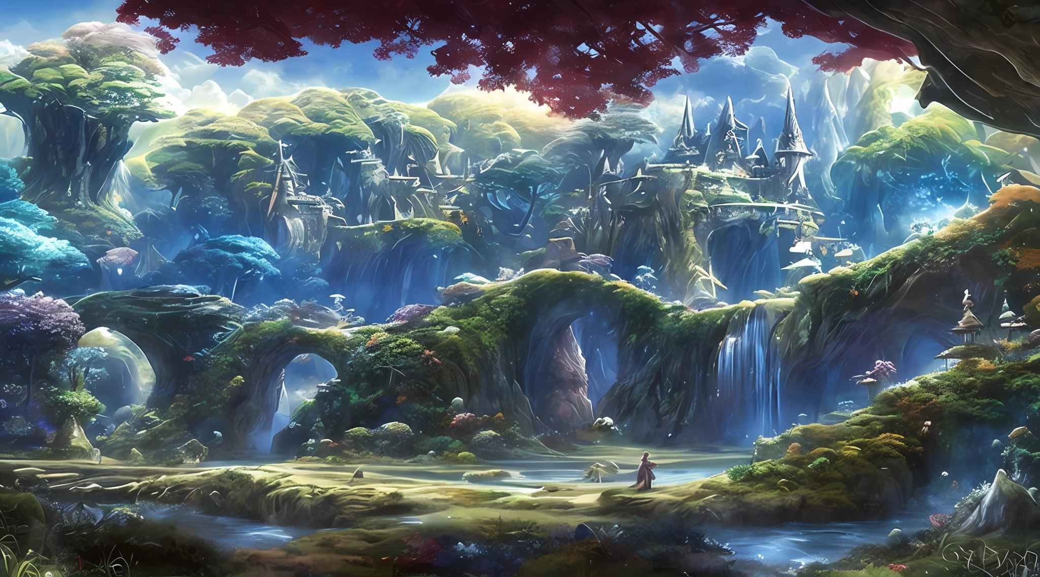 pintura de uma aldeia de fantasia com uma cachoeira e uma cachoeira, Cidade da fantasia de Medeival, fantasia altamente detalhada, Fantasia Pintura HD, bela fantasia detalhada, Vila da Fantasia, pintura de fantasia bonita, Cidade da Fantasia, Fantasia pintura fosca，fofo, whimsical fantasy landscape art, fantasy town setting, cena de fantasia, paisagem de arte de fantasia, Pintura realista de fantasia, arte digital de fantasia detalhada