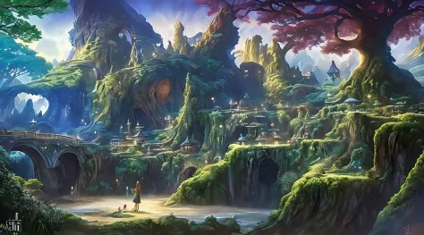 pintura de uma aldeia de fantasia com uma cachoeira e uma cachoeira, Cidade da fantasia de Medeival, fantasia altamente detalhad...