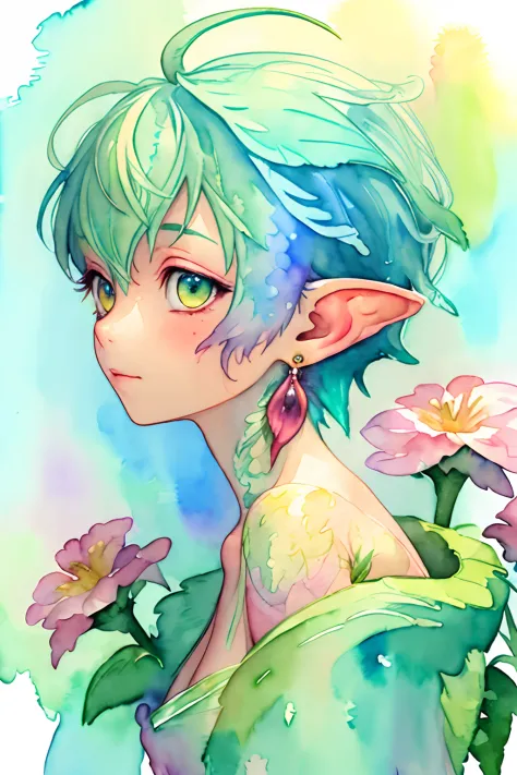 ( watercolor \(medium\),    IrisCompiet:1.4),painting of a fairy with green hair hair, from side, abstract background, zentangle...