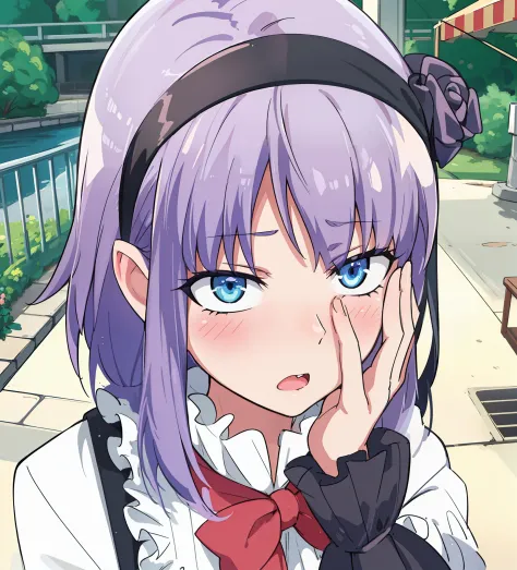 a  girl. purple hair. black rose in hair. blue eyes. opened mouth