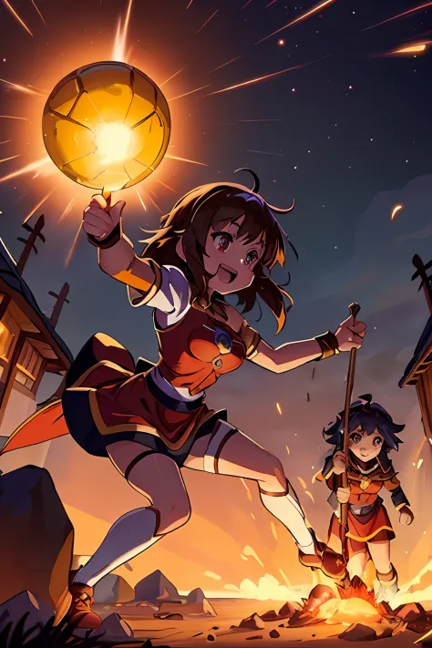 cartoon illustration of a girl holding a glowing ball in her hand, konosuba anime style, official art, konosuba, epic mage girl ...