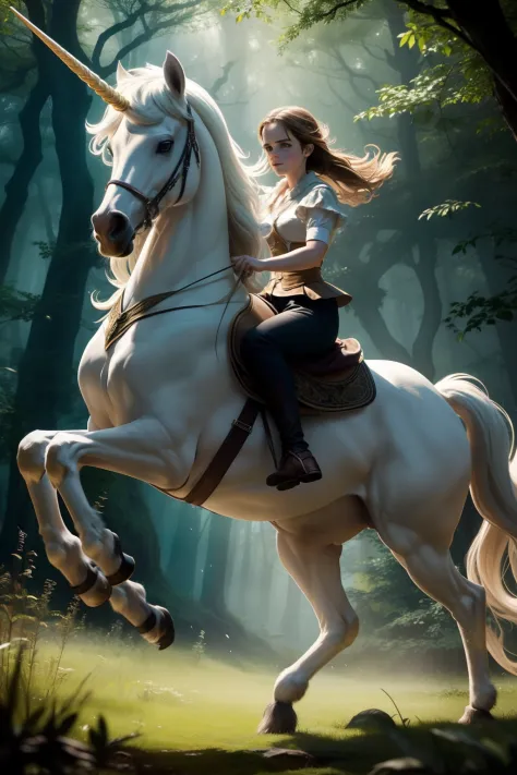 Emma Watson, astride a majestic unicorn, galloping through a lush, enchanted forest.