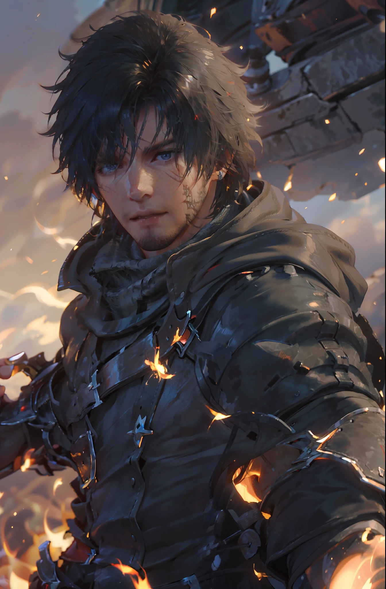 (absurdities, High Resolutions, ultra detailed, HdR), masterpiece, The best quality, final fantasy xvi, clive rosfield, 1man only, handsome, short hair, black hair, vibrant blue eyes, fine eyes and detailed face, armor, ((Intricate weapon)), combat pose,  over hill, fire flames behind, affected smile, annoying.