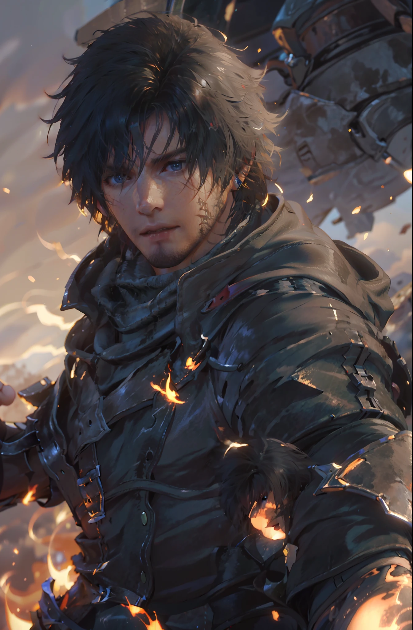 (absurdities, High Resolutions, ultra detailed, HdR), masterpiece, The best quality, final fantasy xvi, clive rosfield, 1man only, handsome, short hair, black hair, vibrant blue eyes, fine eyes and detailed face, armor, ((Intricate weapon)), combat pose,  over hill, fire flames behind, affected smile, annoying.