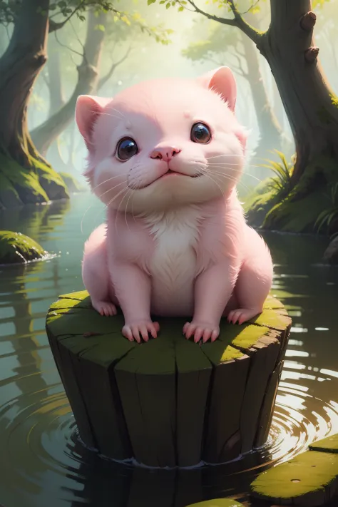 Pink Otter, cute, cute unique animal, digital painting, illustration, hidden lake, cute forest creature