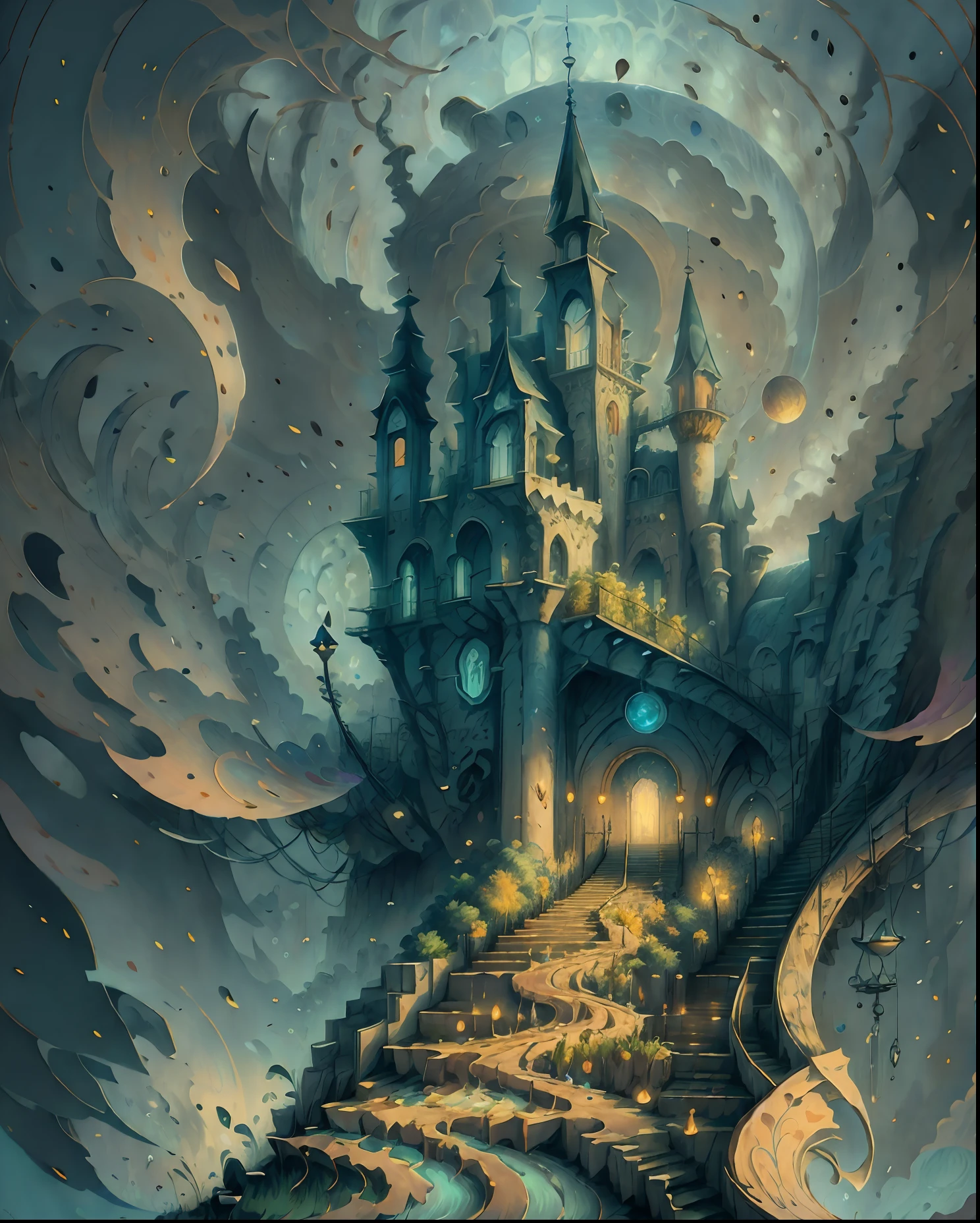 there is a flowered staircase leading to a castle with a sky background, dreamy atmosphere and drama, baroque digital painting, surreal concept art, extravagant matte painting, breathtaking fantasy art, beeple and james jean, entrance to ethereal realm, elegant cinematic fantasy art, ethereal realm, elaborate matte painting, fantasy surrealism, fantasy art behance, surreal and fantasy art, ethereal fantasy