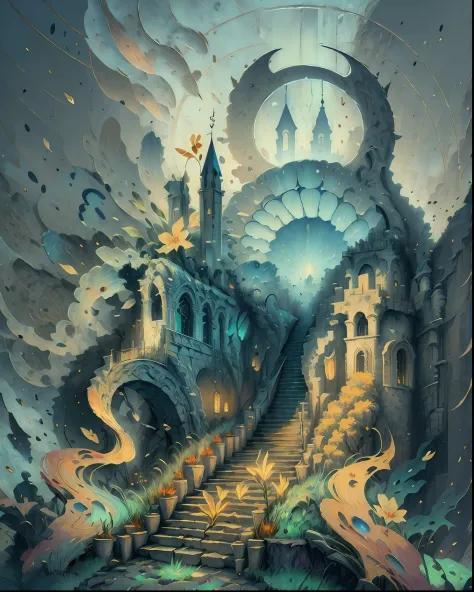 there is a flowered staircase leading to a castle with a sky background, dreamy atmosphere and drama, baroque digital painting, ...