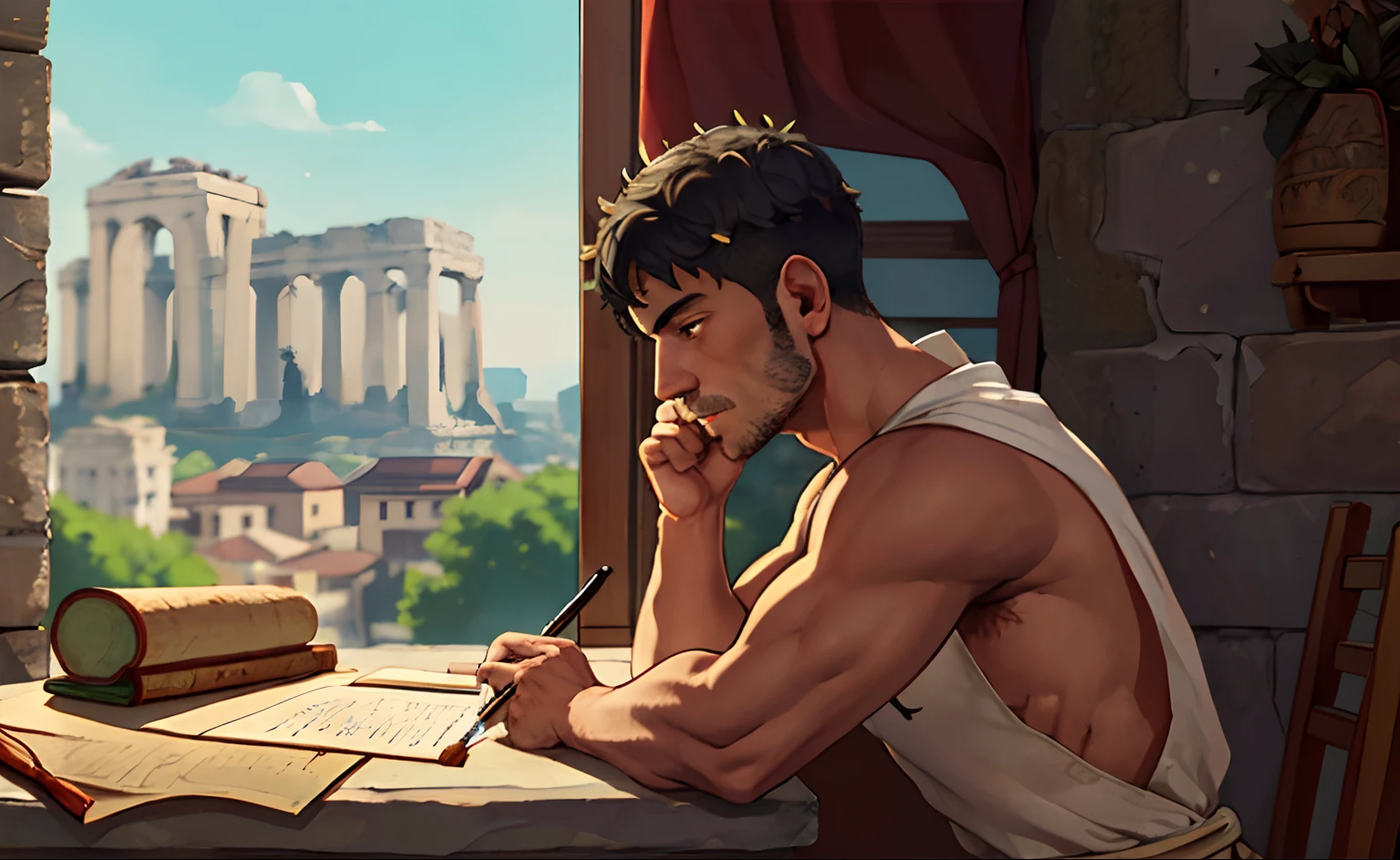 lofistudy, 1man, roman_clothes, laurel_crown, toga, roman empire, temple, stone, stone_wall, from side, writing, paper, window, roman empire background