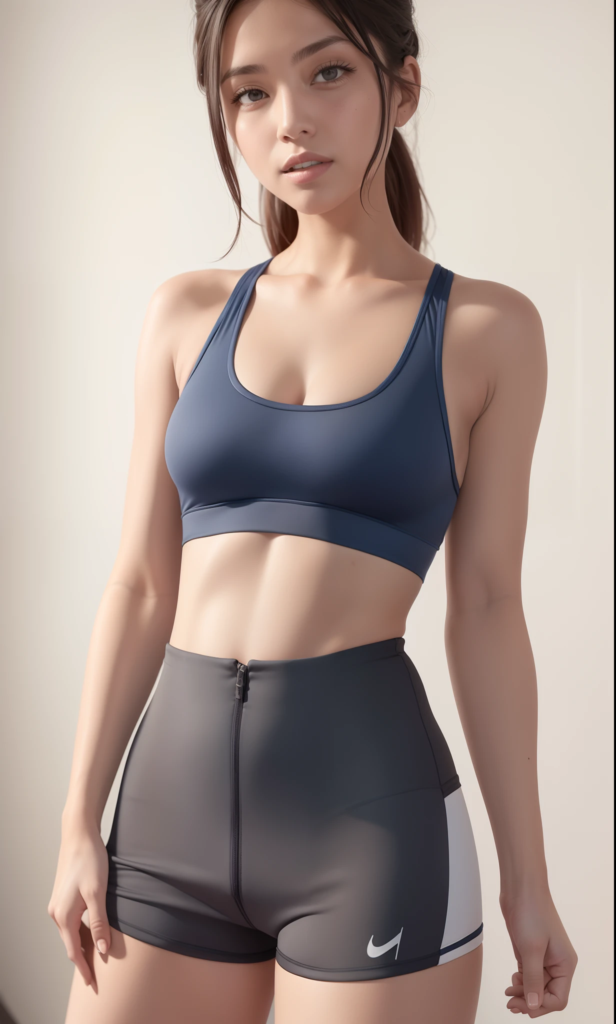 A closeup of a gorgeous woman in a sports bra top and shorts