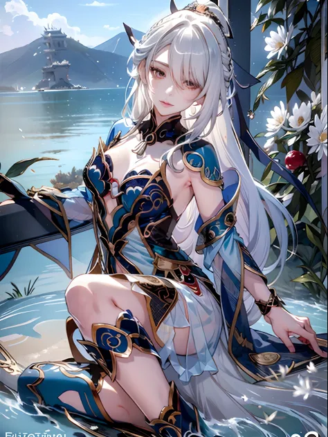 （Enrich the picture，Masterpiece level quality）Beautiful 8K CG artwork，Goddess-like posture，sittinng on the river，Postural exercises，Slim and soft，Translucent skin，Silver hair、The beauty of extra-long hair, Super Long Straight Hair，The skin is fair and juic...