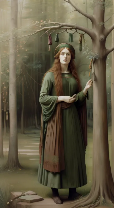 (((Pre-Raphaelite Celtic painting of garment rags hanging from a tree, um homem vestido com trapos e farrapos, louco, floresta)))