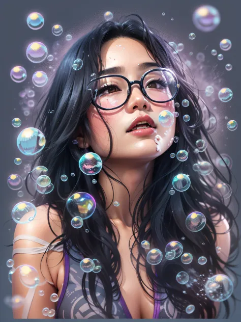 Asian woman with long black hair, wearing purple bathing suit, with long black hair, surrounded by soap bubbles, at beach, realistic style image, Surrounded by Vector VibraPrint Ready t-shirt design, white background, side view, label, clean white backgrou...