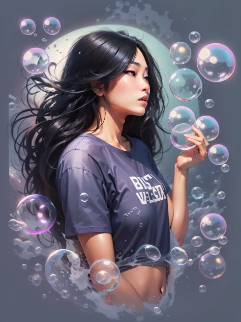 Asian woman with long black hair, wearing purple bathing suit, with long black hair, surrounded by soap bubbles, at beach, realistic style image, Surrounded by Vector VibraPrint Ready t-shirt design, white background, side view, label, clean white backgrou...