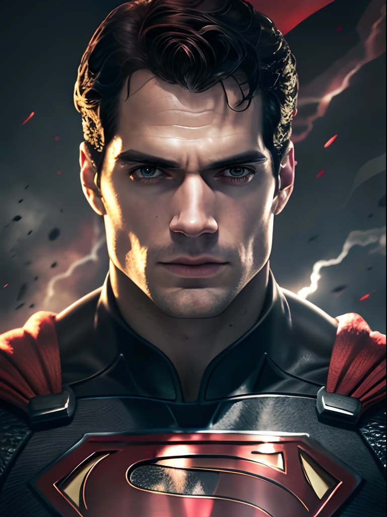Henry Cavill as Superman, 40s year old, all black and red details suit, red cape, Hair tension, Covering the forehead, short-cut hair, tidy hair, ah high, manly, hunk body, muscular, straight face, black medium hair, Best Quality, High Resolution:1.2, Masterpiece, RAW photo, Dark background, detailed suit, Detailed Face, upper body face shot.higly detailed,