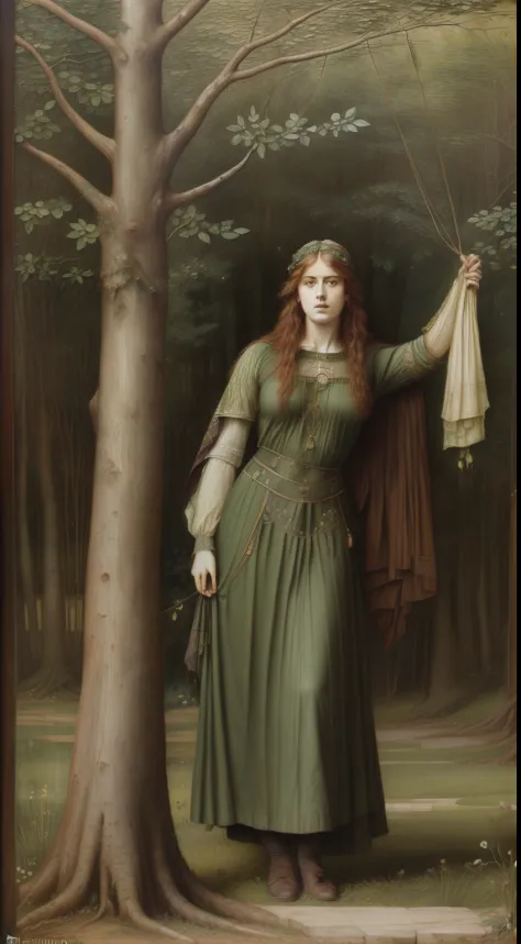 (((Pre-Raphaelite Celtic painting of garment rags hanging from a tree, um homem mendigo vestido com trapos e farrapos, louco, floresta)))