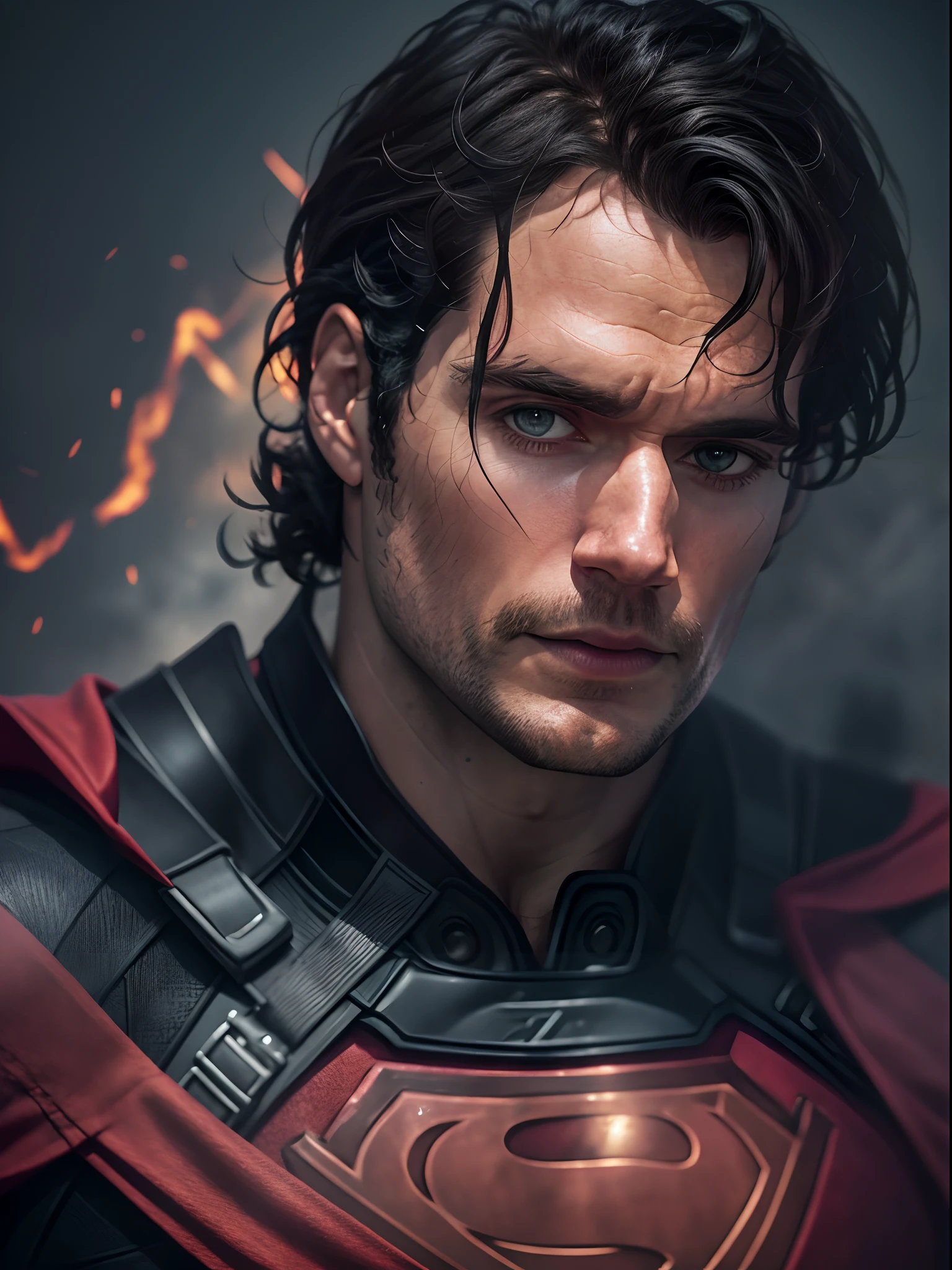 Henry Cavill como Superman, 40 años, traje todo negro y rojo con detalles, capa roja, Tensión del cabello, Cubriendo la frente, pelo corto, cabello ordenado, ah alto, varonil, cuerpo de trozo, muscular, cara seria, pelo medio negro, mejor calidad, Alta resolución:1.2, obra maestra, foto cruda, fondo oscuro, traje detallado, cara detallada, foto de la cara de la parte superior del cuerpo