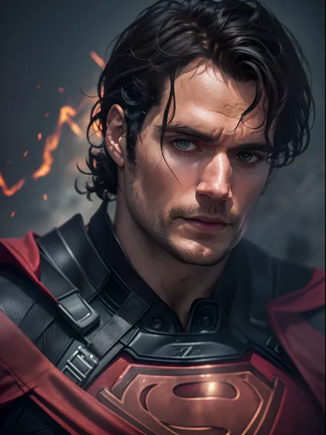 Henry Cavill as Superman, 40s year old, all black and red details suit, red cape, Hair tension, covering the forehead, short-cut...