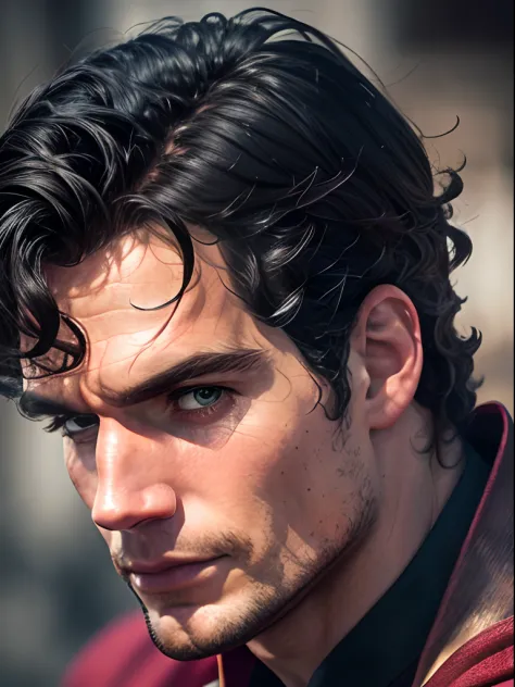 Henry Cavill as Superman, 40s year old, all black and red details suit, red cape, Hair tension, Covering the forehead, short-cut...