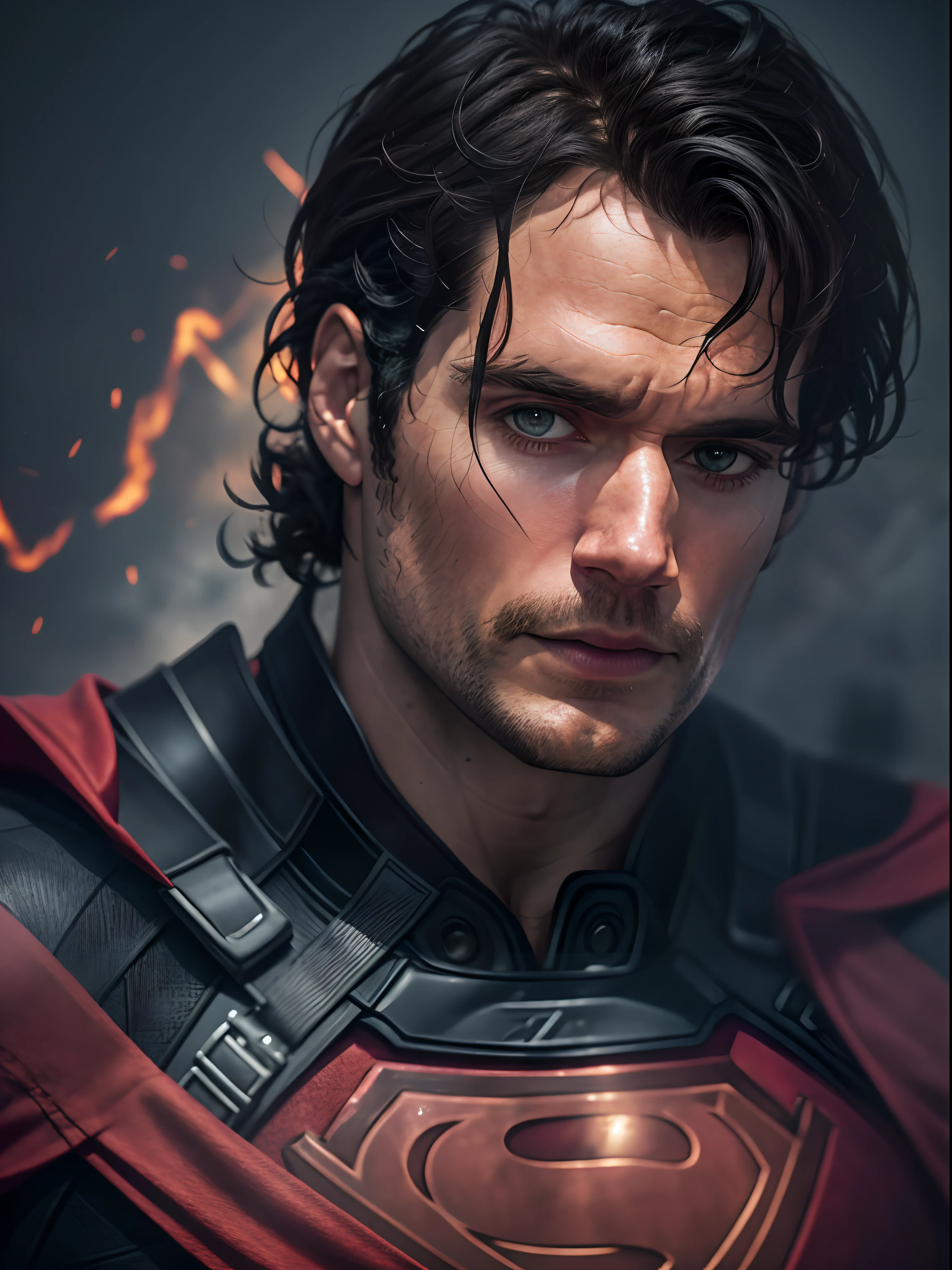 Henry Cavill as Superman, 40s year old, all black and red details suit, red cape, Hair tension, covering the forehead, short-cut hair, tidy hair, ah high, manly, hunk body, muscular, straight face, black medium hair, Best Quality, High Resolution:1.2, Masterpiece, RAW photo, Dark background, detailed suit, Detailed Face, upper body face shot