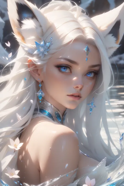masterpiece, best quality, official art, extremely detailed cg 8k wallpaper, (flying petals) (detailed ice) , crystals texture s...