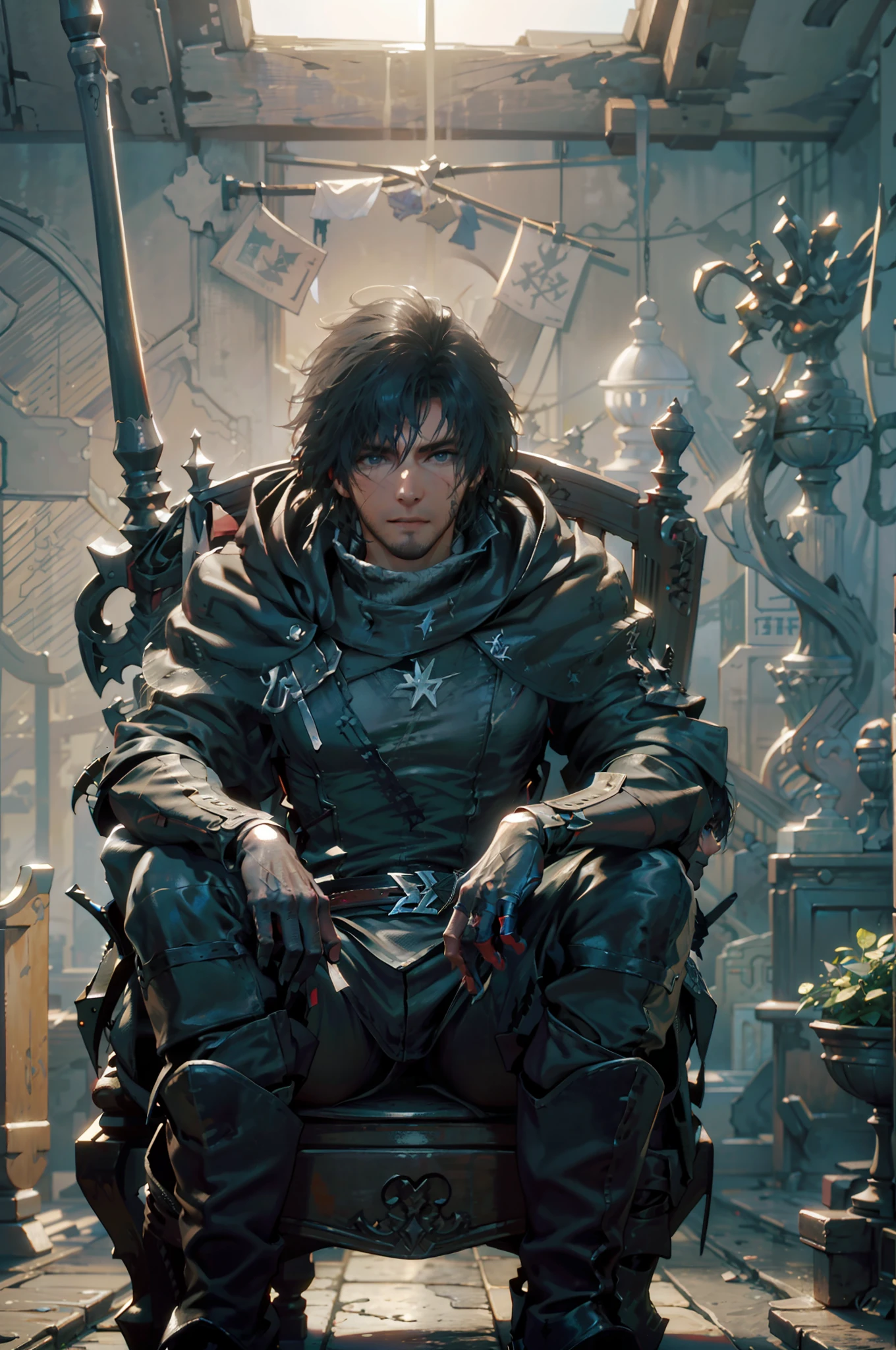 (absurdities, High Resolutions, ultra detailed, HdR), masterpiece, The best quality, final fantasy xvi, clive rosfield, 1man only, handsome, short hair, black hair, vibrant blue eyes, fine eyes and detailed face, armor, ((Intricate weapon)), Sitting on the throne, open legs, affected smile, annoying.