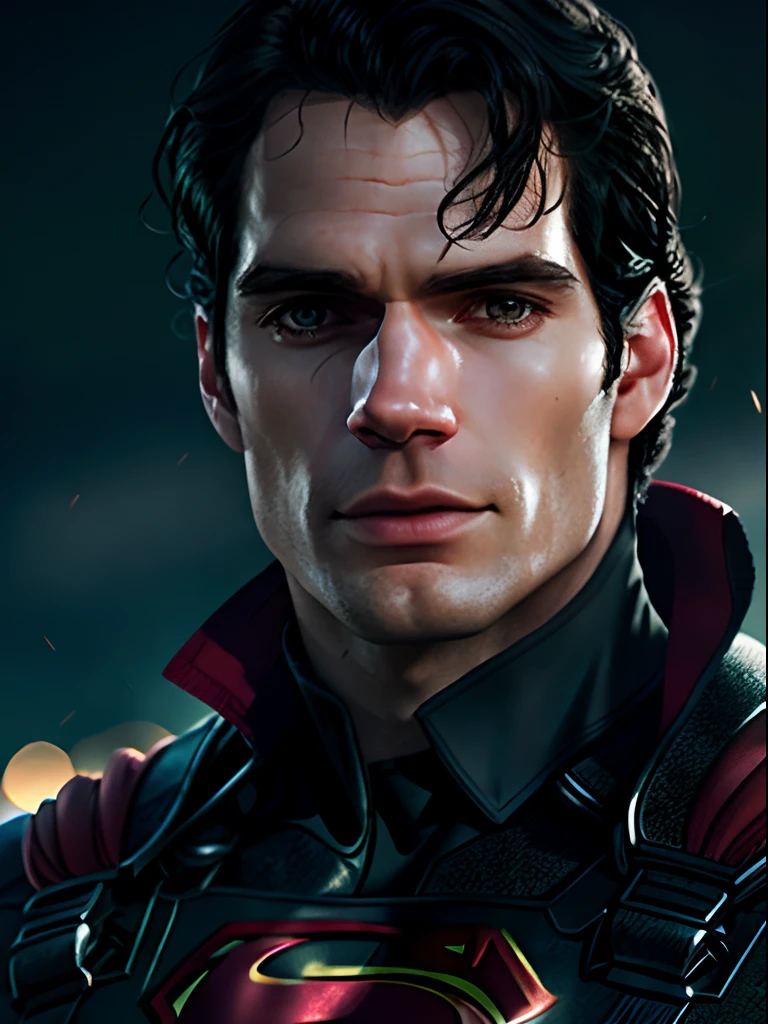 Henry Cavill as Superman, 40s year old, all black and red details suit, red cape, Hair tension, Covering the forehead, short-cut hair, tidy hair, ah high, manly, hunk body, muscular, straight face, black medium hair, Best Quality, High Resolution:1.2, Masterpiece, RAW photo, Dark background, detailed suit, Detailed Face, upper body face shot