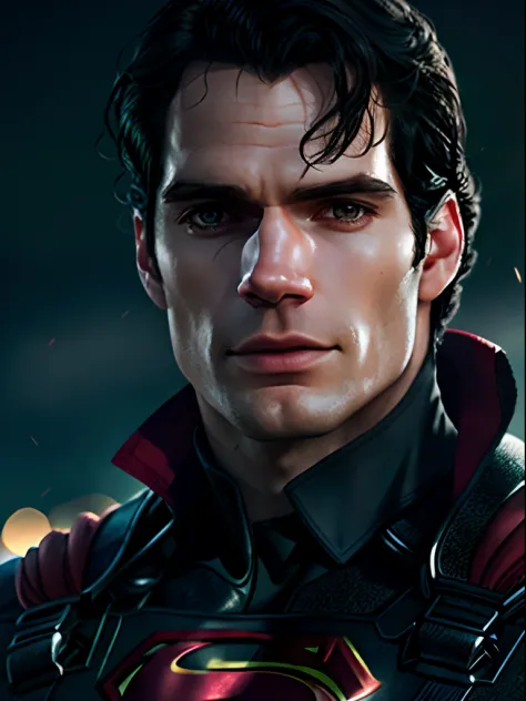 henry cavill as superman, 40s year old, all black and red details suit, red cape, hair tension, covering the forehead, short-cut...