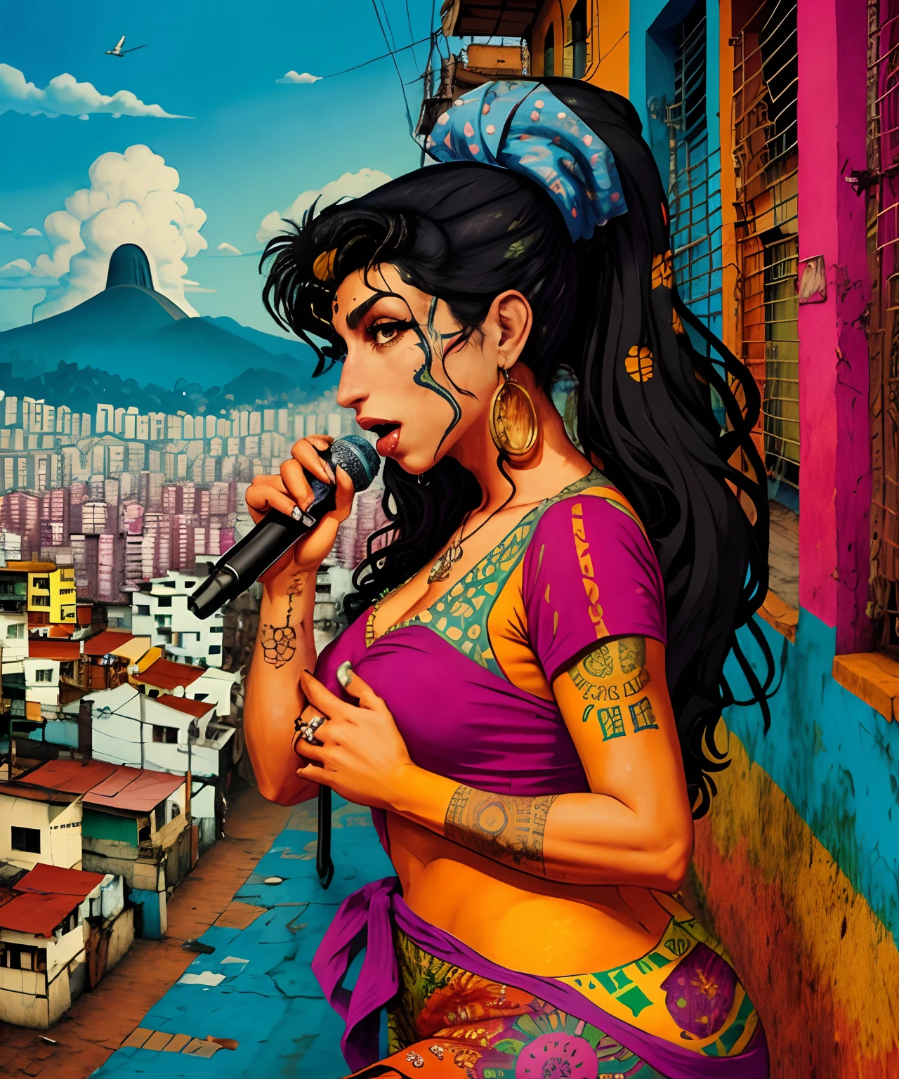 "🎤 Amy Winehouse cantando, 🌆 favela do Rio de Janeiro ao fundo, portrayed with mastery and impeccable quality, capturing your intense expression and the vibrant environment around you, por xyzVMoscoso."