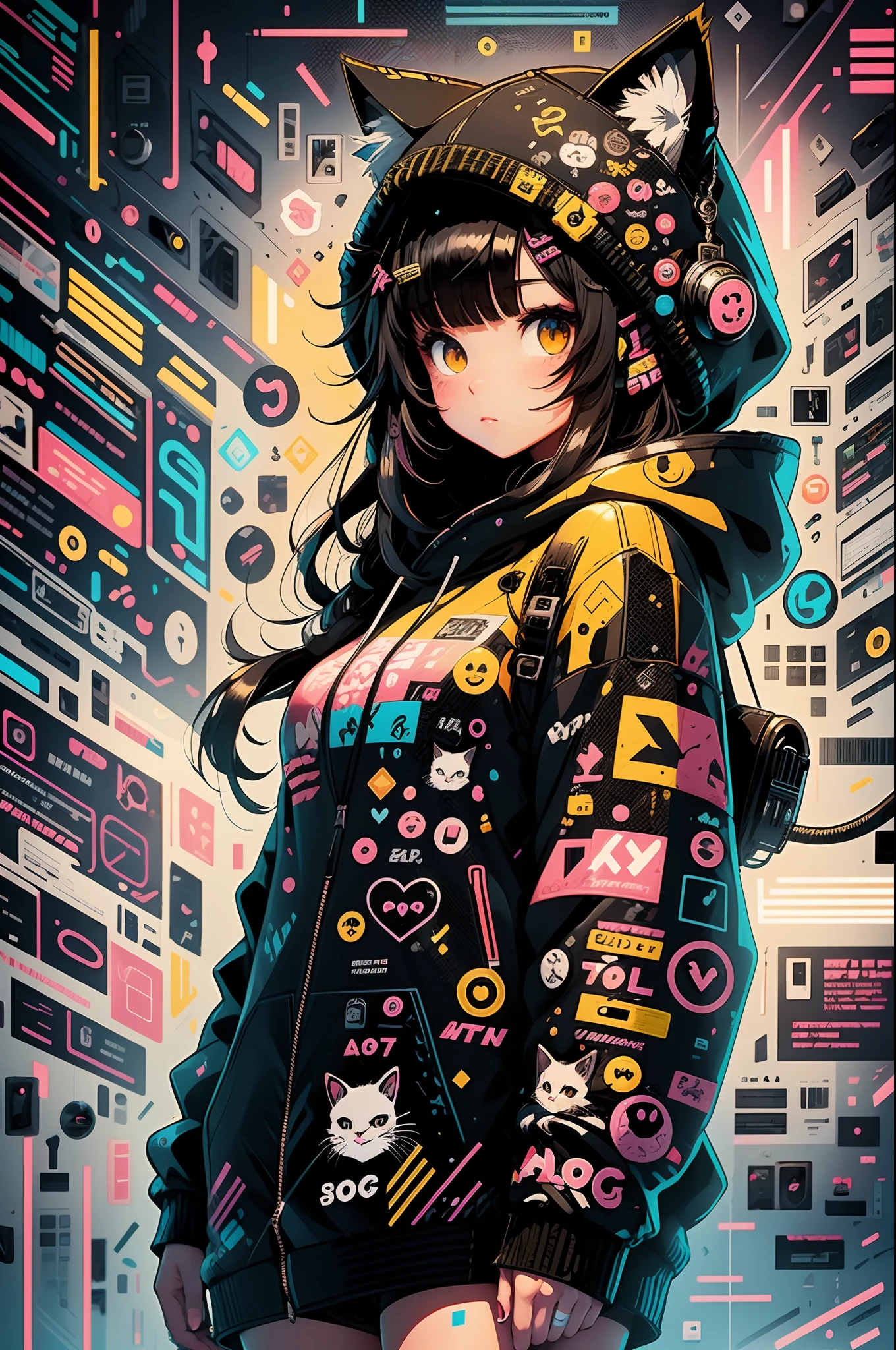 anime girl with black hair and a cat hat, anime style illustration, moe artstyle, wallpaper 8 k, digital illustration, beautiful catgirl, she wears a hoodie with animal ears and technowear technology, futuristic fashion in black and holographic colors, many details and buttons on it, cables coming out of the sleeves, the background is that of a simple pattern with cat motifs and paws