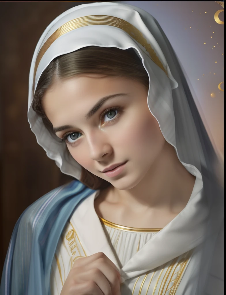 ((Blessed Virgin Mary. 1))) ((( With a serious and pious face. With a sweet and tender look))) (masterpiece, top quality, Best Quality, official art, beautiful and aesthetic: 1.2), (1girl), extremely detailed, (fractal art: 1.3), colorful, highest detailed, perfect face, Upper part of the body, HdR, (praying: 1.3), (golden lines of white coat: 1.2), Galaxy, (light streaks), eye-catching visuals, (dynamic stripes, luminous trails: 1.2), vibrant colors,