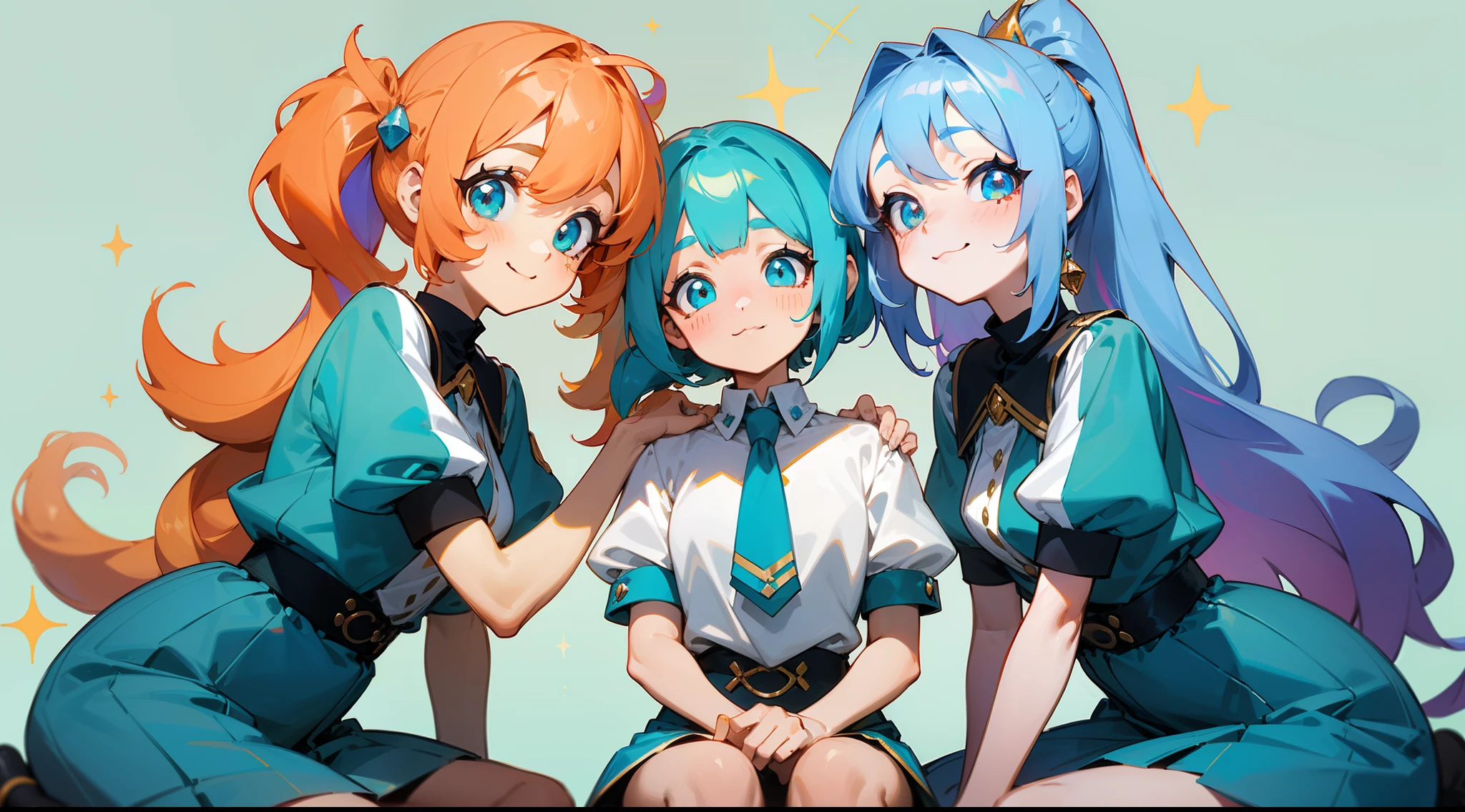 Tres chicas anime sentadas en una repisa con las cabezas juntas. - SeaArt AI