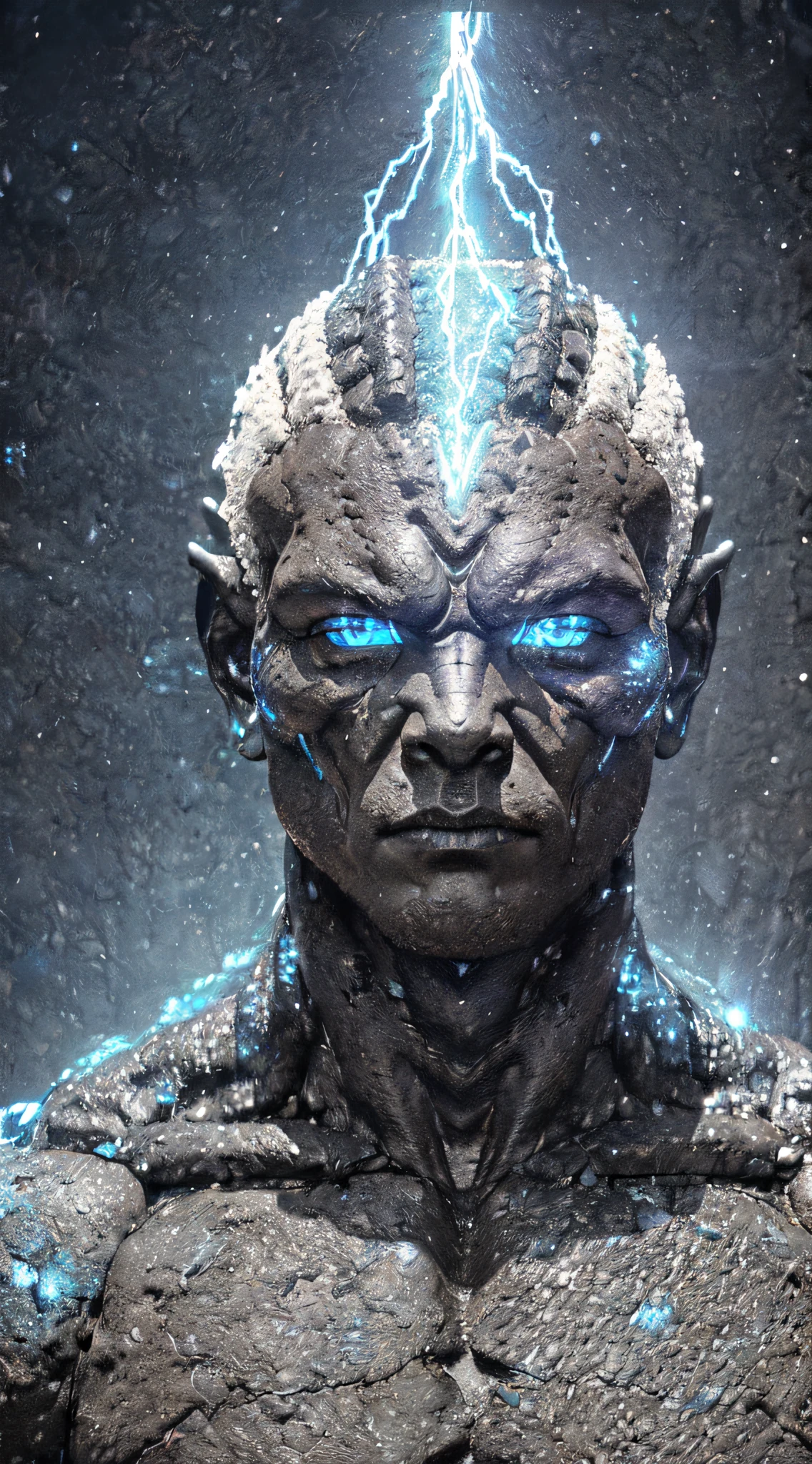 ((black humanoid)) made of stone, torso, , male, ((masterpiece, best quality)),(((eyes emitting blue light))), cracked asphalt texture, (white electricity intricate to details) (skin detail emitting electricity), muscular male, (dragonborn: 0.6), white hair, outdoors, detailed background