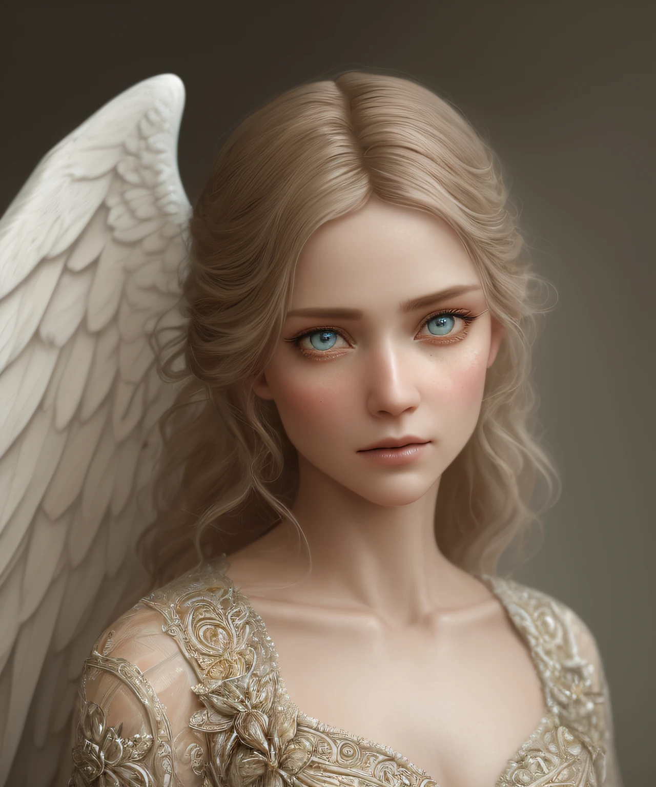 humble angel, fog, fantasy, ultra wide shot,  photorealistic,  eyes,  (pixarstyle:1.2), Helene Knoop,  pupils, hypermaximalised,  face, detailed skin, ornate dress, beautiful, good anatomy, detailed and intricate, centered,  skin pores,  subsurface scattering, masterpiece, best quality,  sharp focus, absurdres,