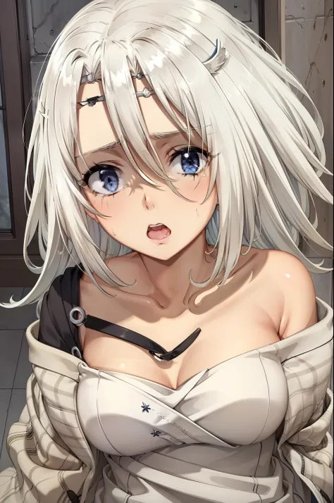 scared expression,silver hair,blue eyes