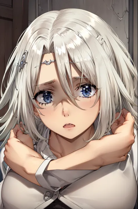 scared expression,silver hair,blue eyes
