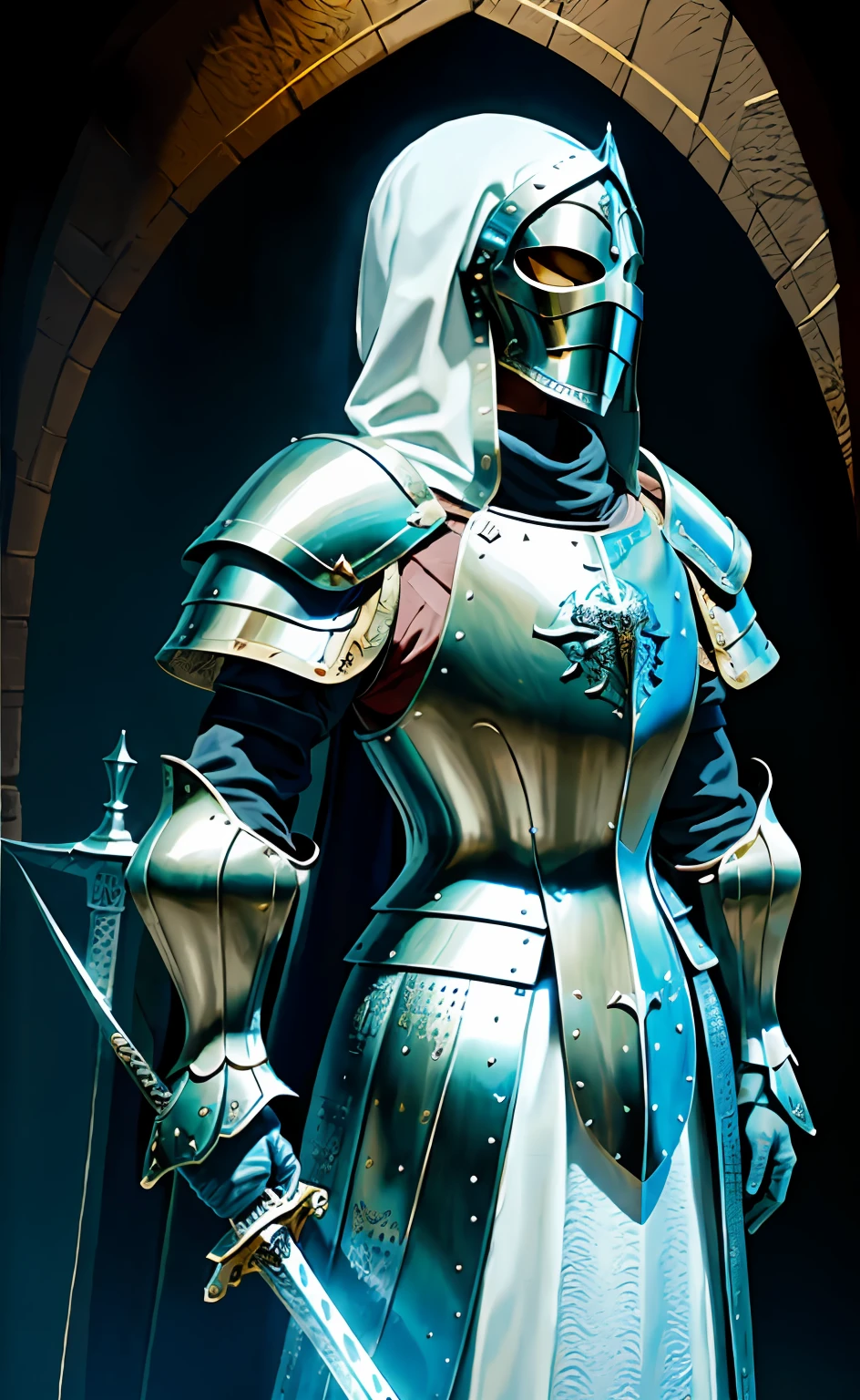 cavalier，medieval times，Silver armor，Pattern，A lot of detail，High quality，Long sword，Vintage，photorealestic，male people，colours，the detail，Textured，Extremely realistic，Excellent shadows，tmasterpiece，shelmet，Armour，Cloak,3D Screen，EXTREMELY CLEAR，Three-dimensional，Beautiful graphics