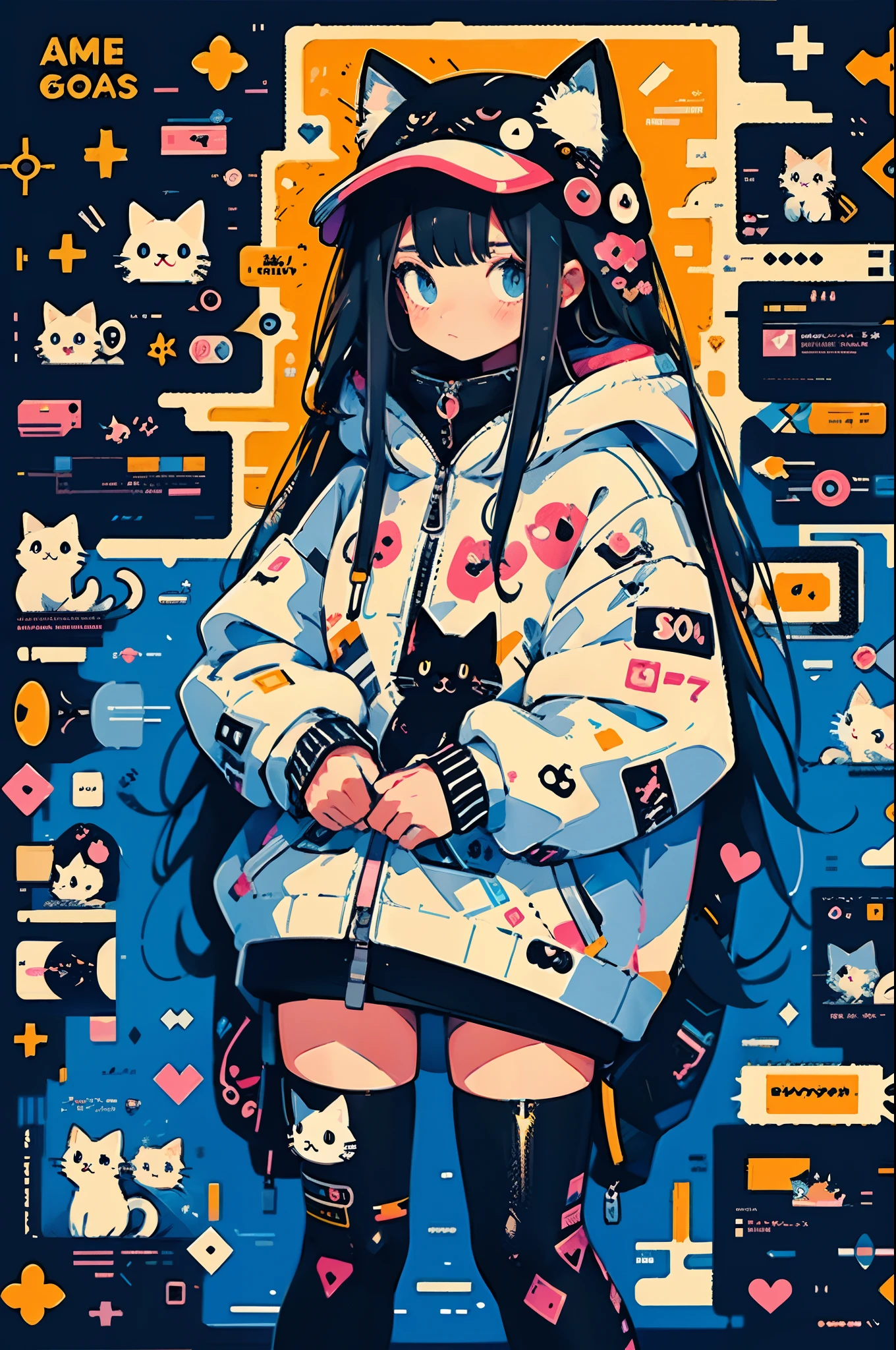 anime girl with black hair and a cat hat, anime style illustration, moe artstyle, wallpaper 8 k, digital illustration, beautiful catgirl, she wears a hoodie with animal ears and technowear technology, futuristic fashion in black and holographic colors, many details and buttons on it, cables coming out of the sleeves, the background is that of a simple pattern with cat motifs and paws, purple and black, black cat eyes, holographic, holo details