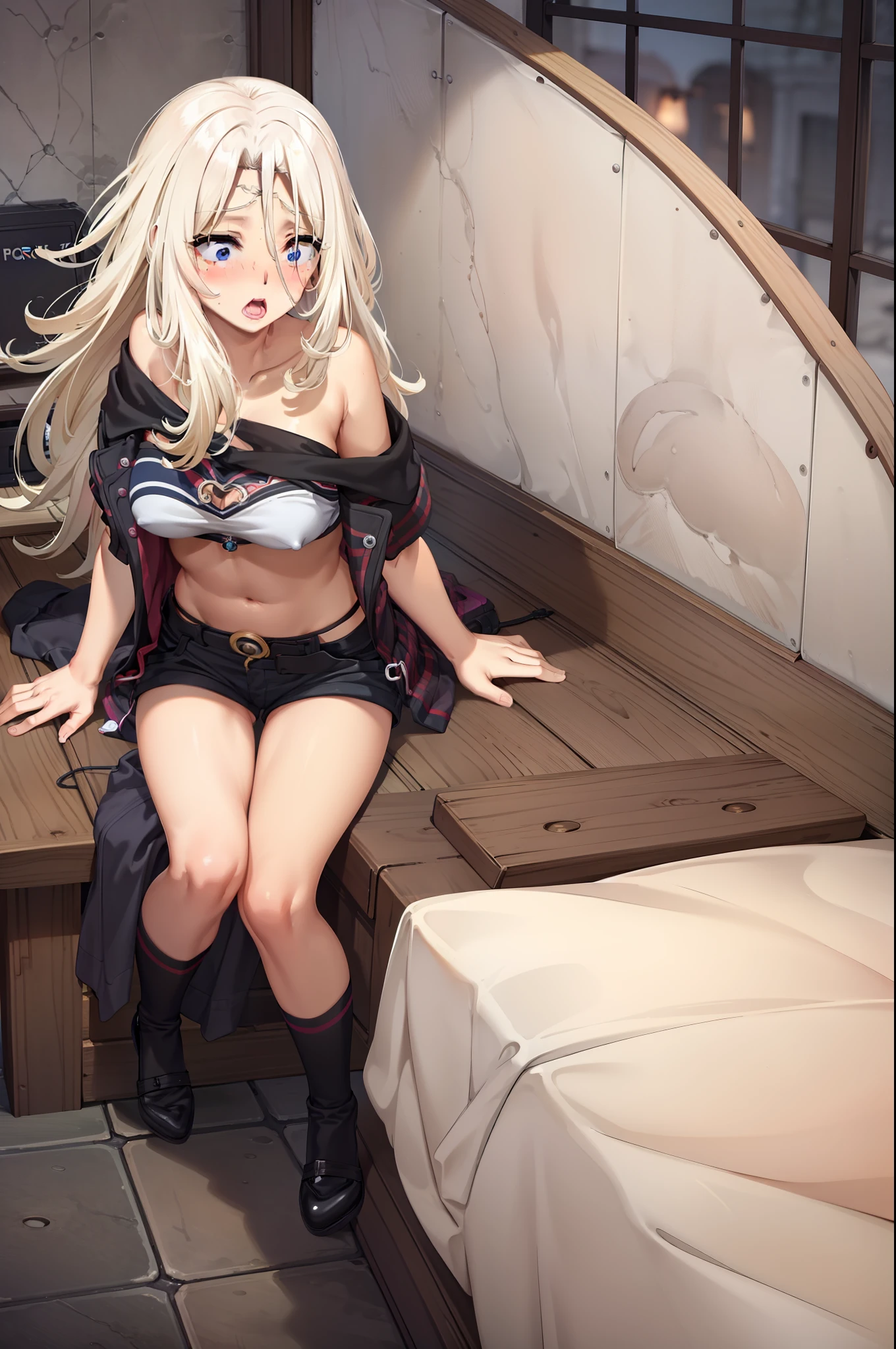 Anime girl sitting on a bench in a room with a bed - SeaArt AI