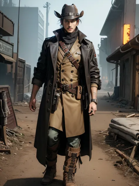 there is a man in a hat and trench coat holding , in a post apocalyptic setting, cyberpunk wild west, post - apocalyptic cowboy,...