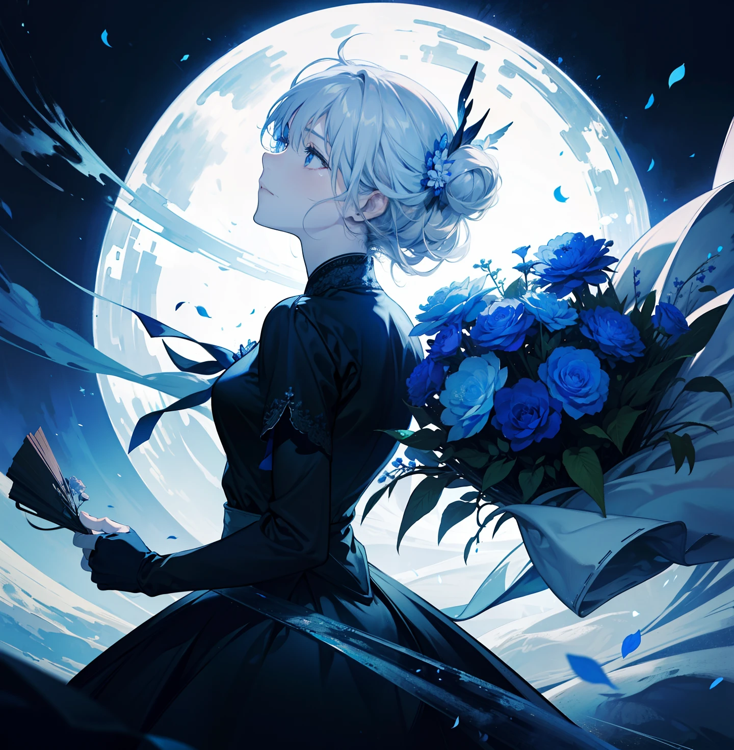 Anime girl with flowers and a full moon in the background - SeaArt AI