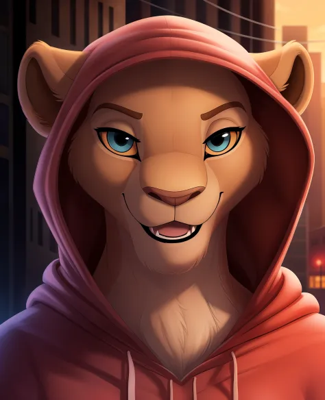 nala, furry female anthro, lion girl, portrait, close-up,  (hoodie:1.2),  hood up, solo, (body fur:1.2), (best quality), (detail...