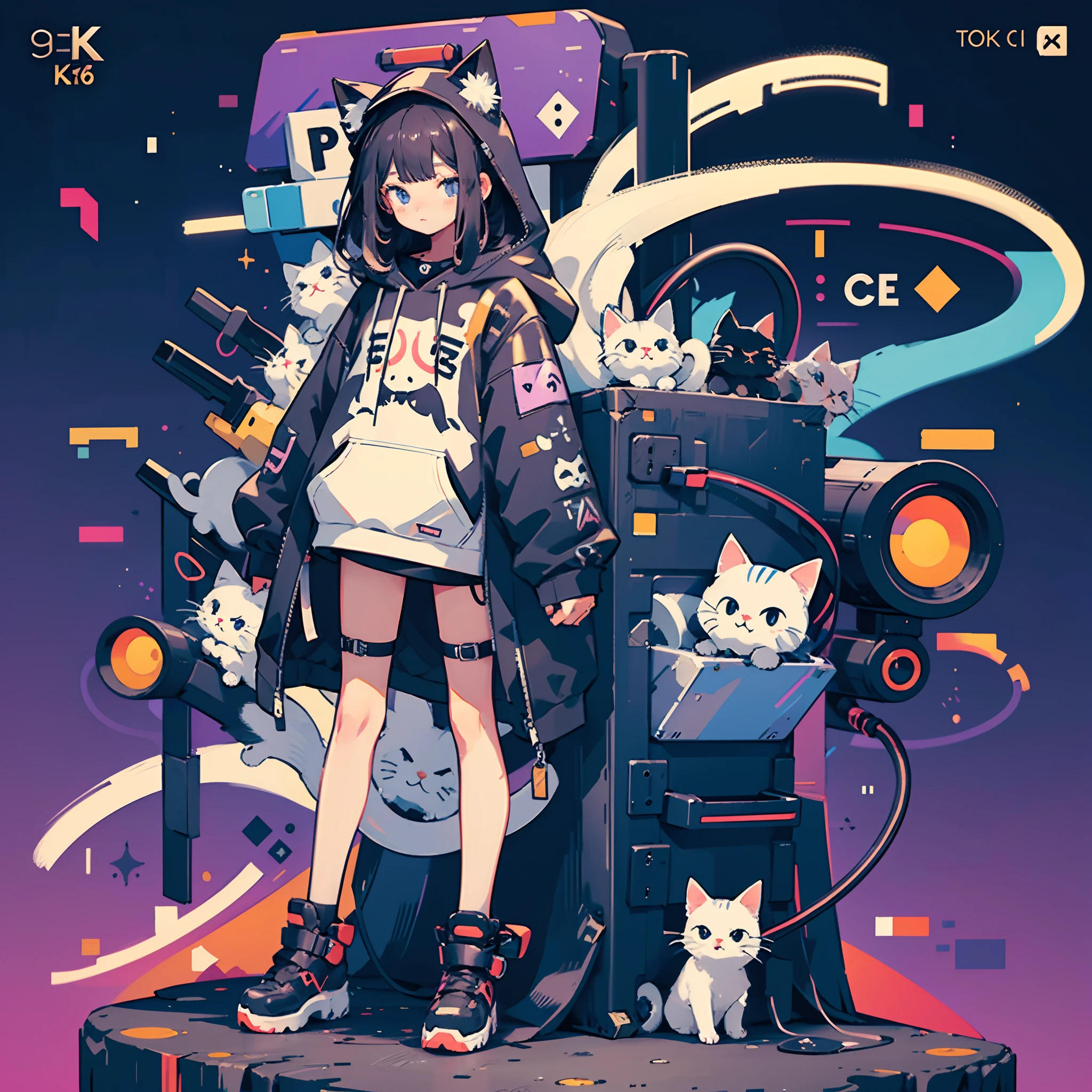 Chica anime con cabello negro y sombrero de gato., ilustración de estilo animado, Estilo artístico de Moe, fondo de pantalla 8k, Ilustración Digital, hermosa chica gato, lleva una sudadera con capucha con orejas de animales y tecnología technowear, futuristic fashion in black and holográfico colors, muchos detalles y botones en él, cables que salen de las mangas, el fondo es el de un patrón simple con motivos y patas de gato, morado y negro, Ojos de gato negro, holográfico, Detalles de holo, chibi. 7Cy6er7P0nk9