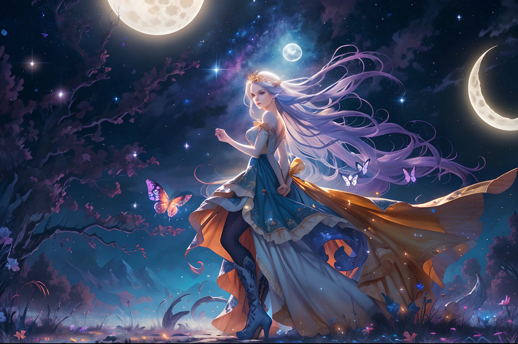 a picture of an exquisite beautiful female fairy standing under the starry night sky at the forest, dynamic angle (ultra detailed, Masterpiece, best quality), ultra detailed face (ultra detailed, Masterpiece, best quality), ultra feminine, fare skin, azure hair, wavy hair, dynamic eyes color, glowing eyes, intense eyes, red lips, [fangs], wearing white dress, elegant dress (ultra detailed, Masterpiece, best quality), butterfly's wings (ultra detailed, Masterpiece, best quality), wearing high heeled boots, sky full of stars background, moon, beat details, best quality, 8k, [ultra detailed], masterpiece, best quality, (ultra detailed), full body, ultra wide shot, photorealism, fantasy art,  Larry Elmore style,
