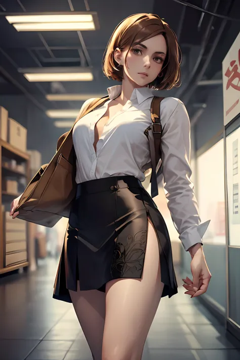 1girl, cowboy shot, beautiful Nobara, white shirt, unbuttoned, black skirt, office, volumetric lighting, best quality, masterpie...