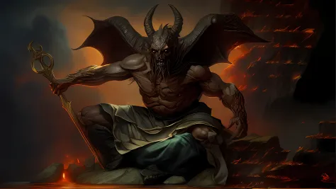 Image of a demon with a scythe sitting on a rock, satan in hell, muscled humanoid balrog demon, Demon Lord, arte conceitual diab...